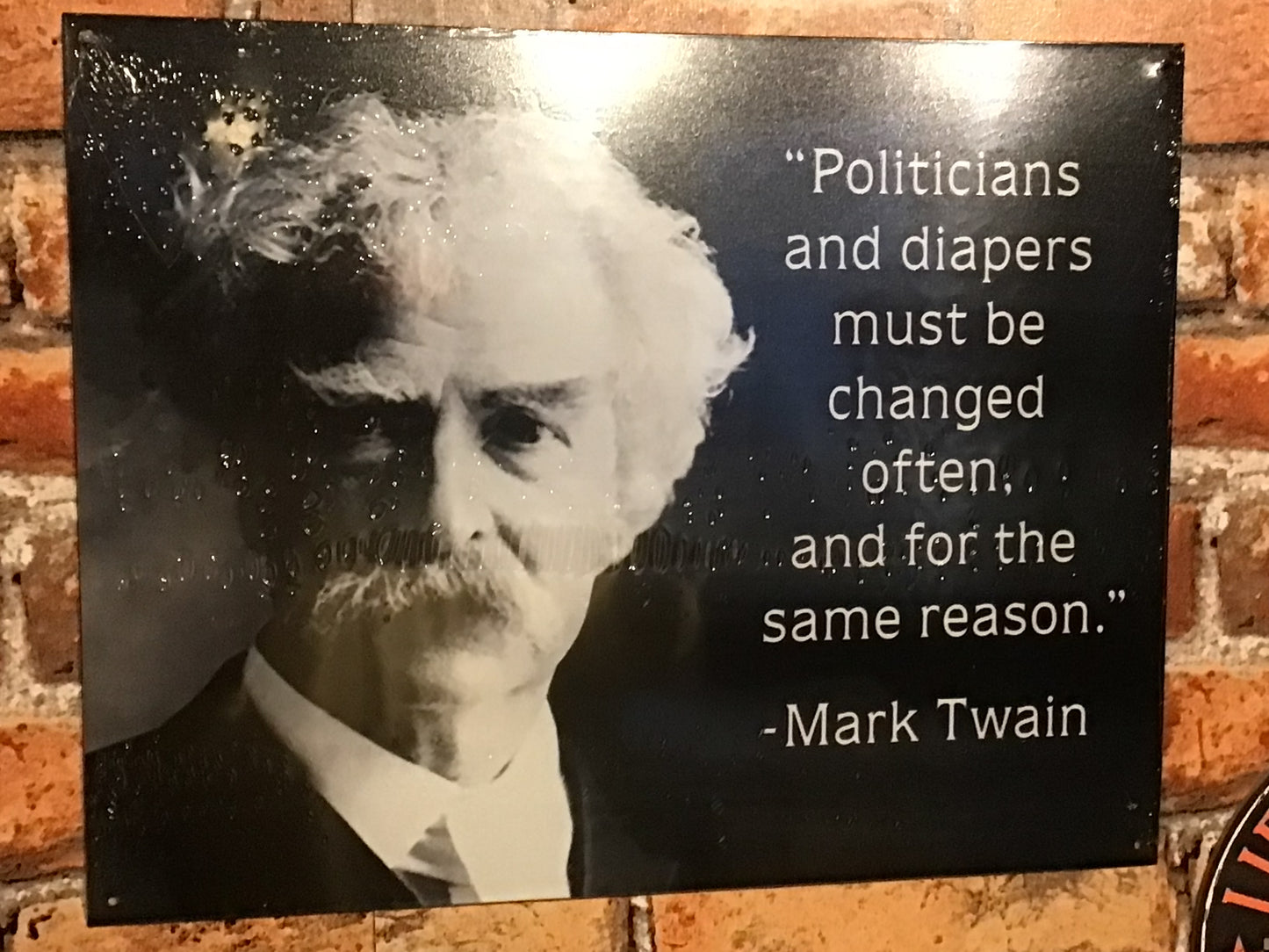 Large 16"x13" Patina Style Mark Twain Quote "Politicians and Diapers must be Changed "..