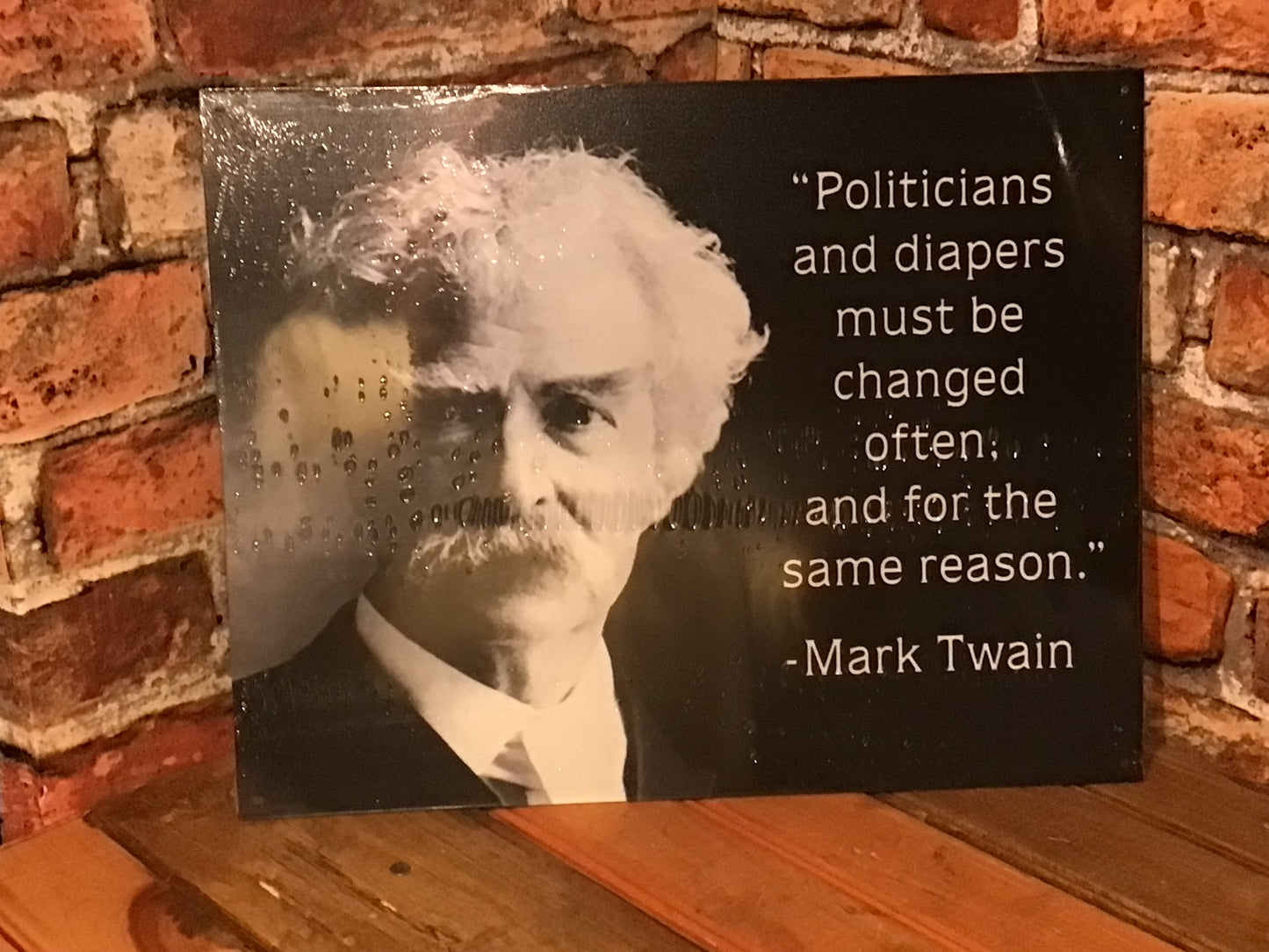 Large 16"x13" Patina Style Mark Twain Quote "Politicians and Diapers must be Changed "..