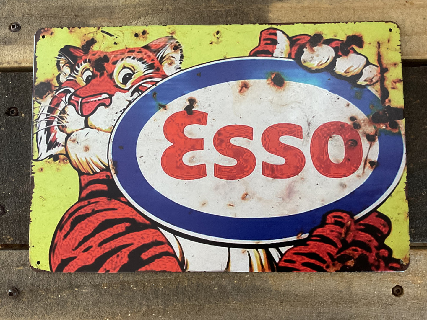 12"x8" Vintage Patina Style "Esso" Gasoline Advertising Sign