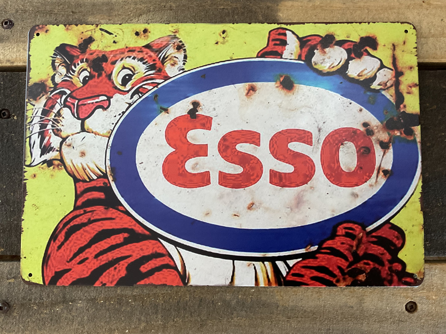 12"x8" Vintage Patina Style "Esso" Gasoline Advertising Sign