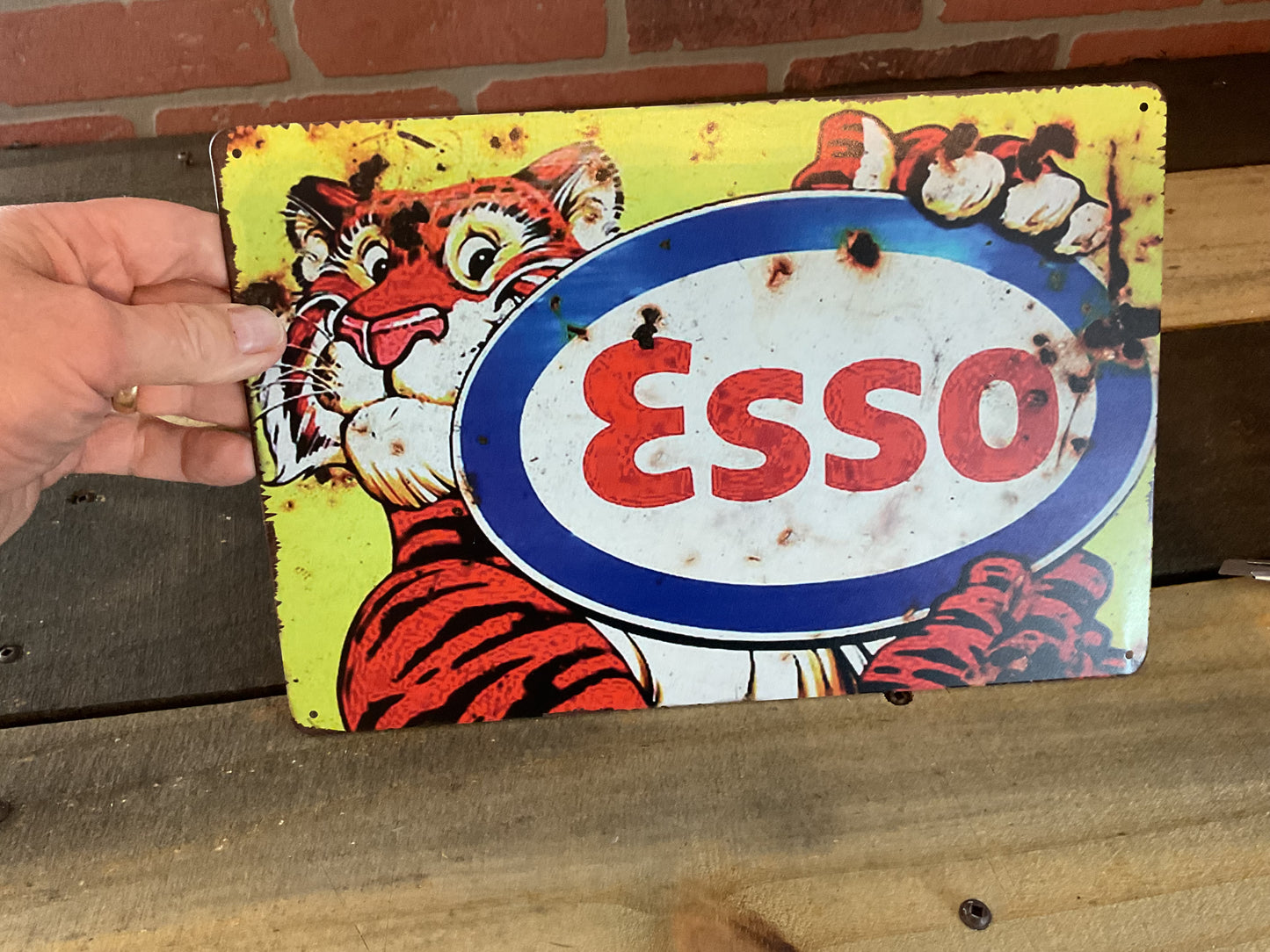12"x8" Vintage Patina Style "Esso" Gasoline Advertising Sign