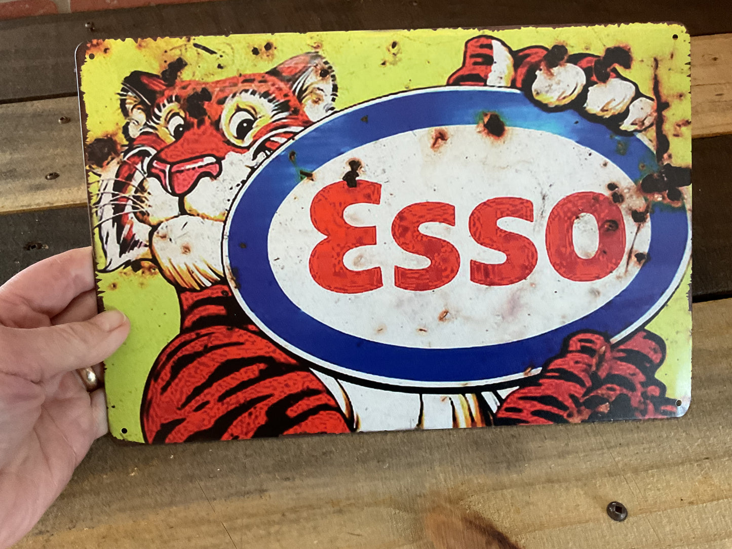 12"x8" Vintage Patina Style "Esso" Gasoline Advertising Sign