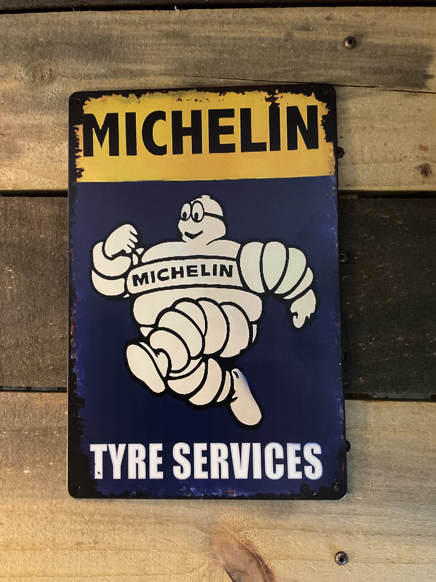 8"x12" Vintage Patina Style "Michelin Tyre Services" Advertising Sign