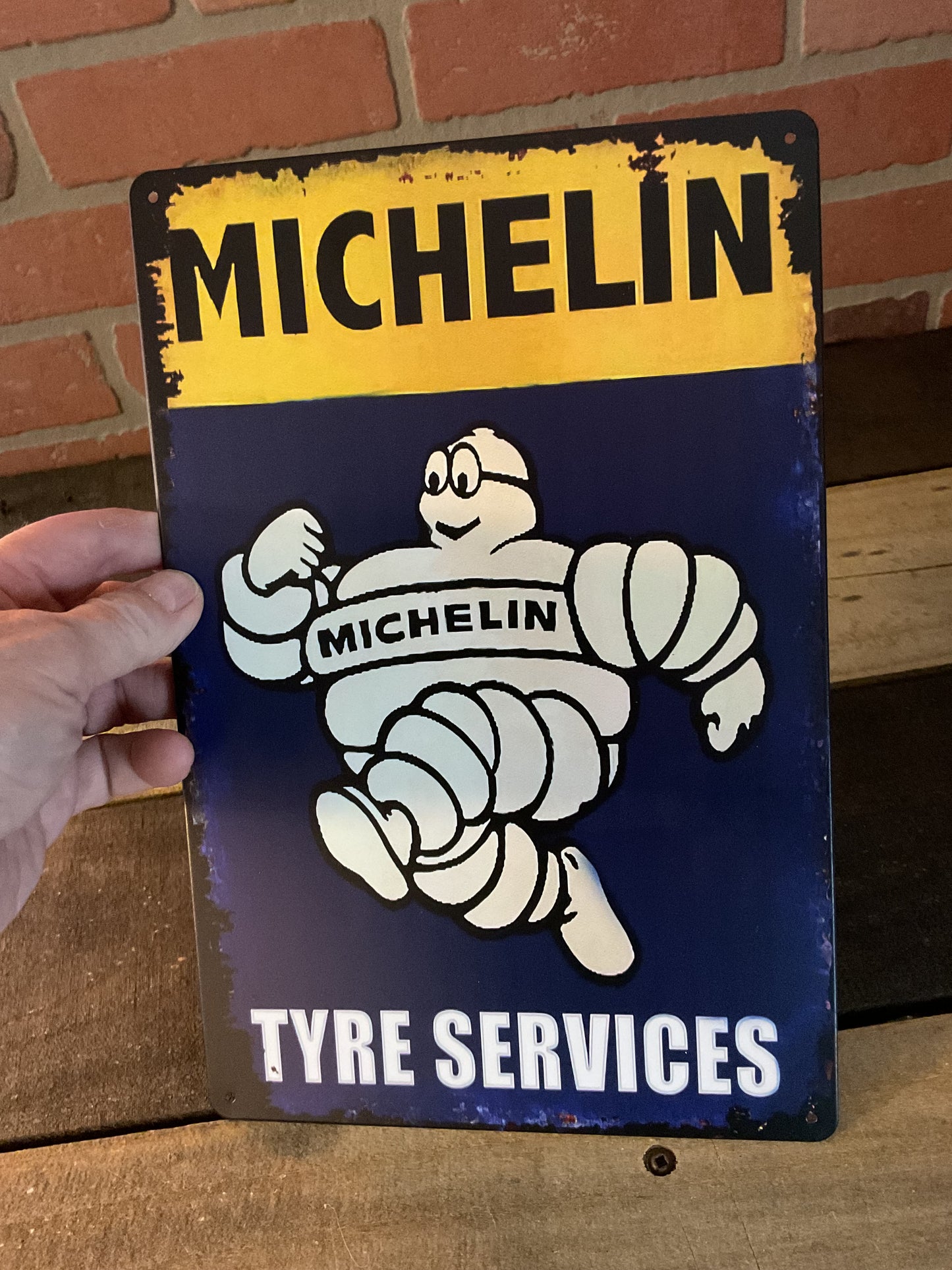 8"x12" Vintage Patina Style "Michelin Tyre Services" Advertising Sign