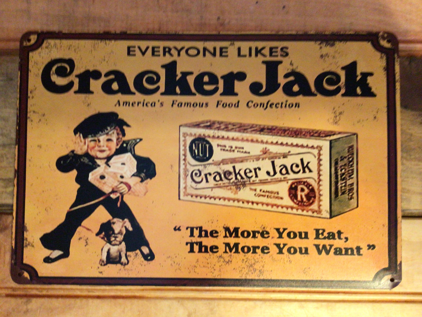 8"x12" Vintage Patina Style "Everyone likes Cracker Jack" Tin Advertising Sign