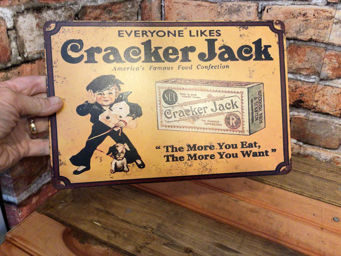 8"x12" Vintage Patina Style "Everyone likes Cracker Jack" Tin Advertising Sign