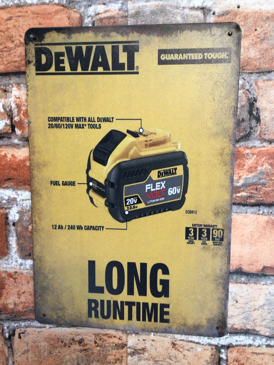8"x12" DeWalt Tools Battery "Long Runtime" Advertising Sign Makes a Great Gift
