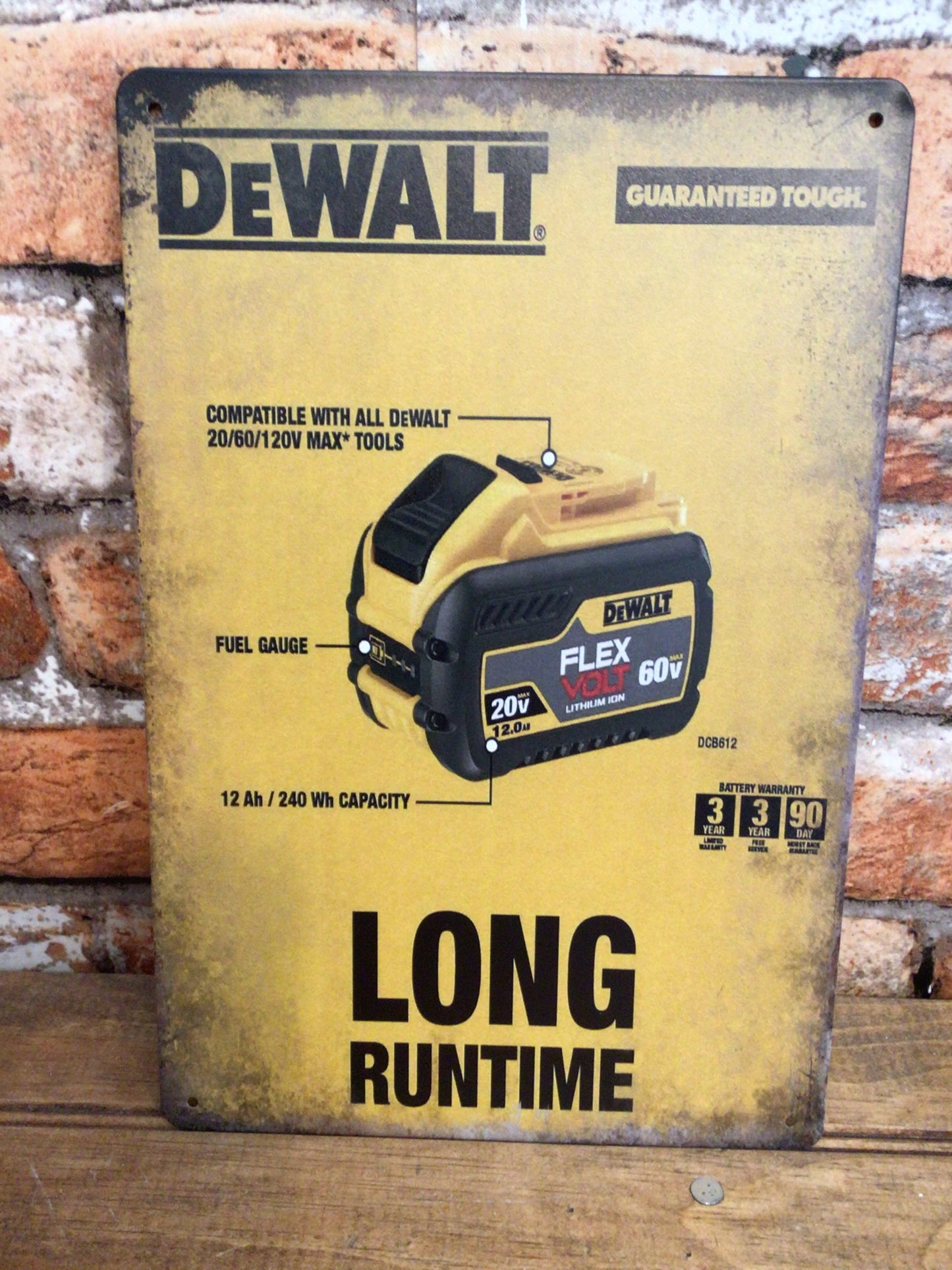 8"x12" DeWalt Tools Battery "Long Runtime" Advertising Sign Makes a Great Gift