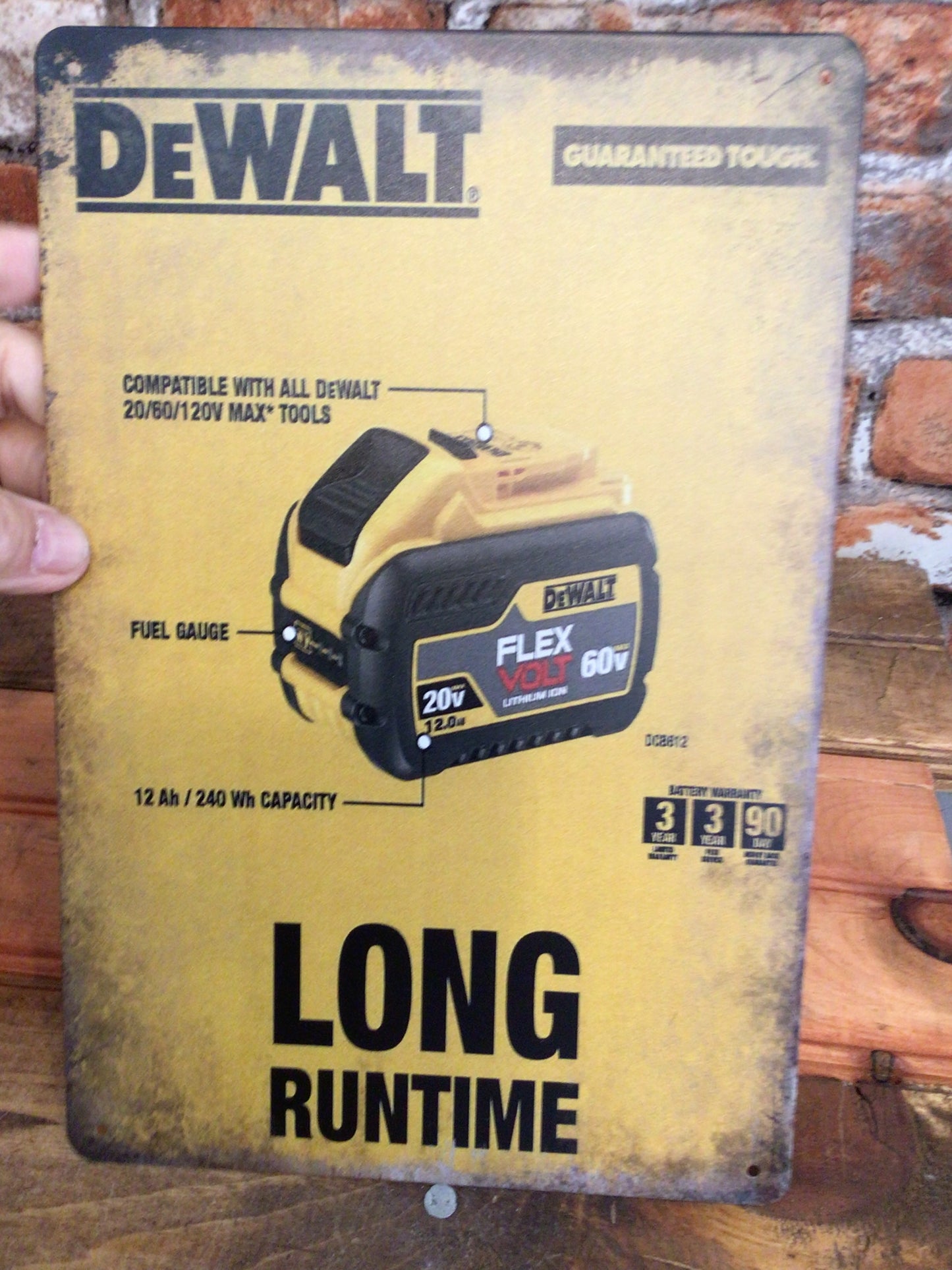 8"x12" DeWalt Tools Battery "Long Runtime" Advertising Sign Makes a Great Gift