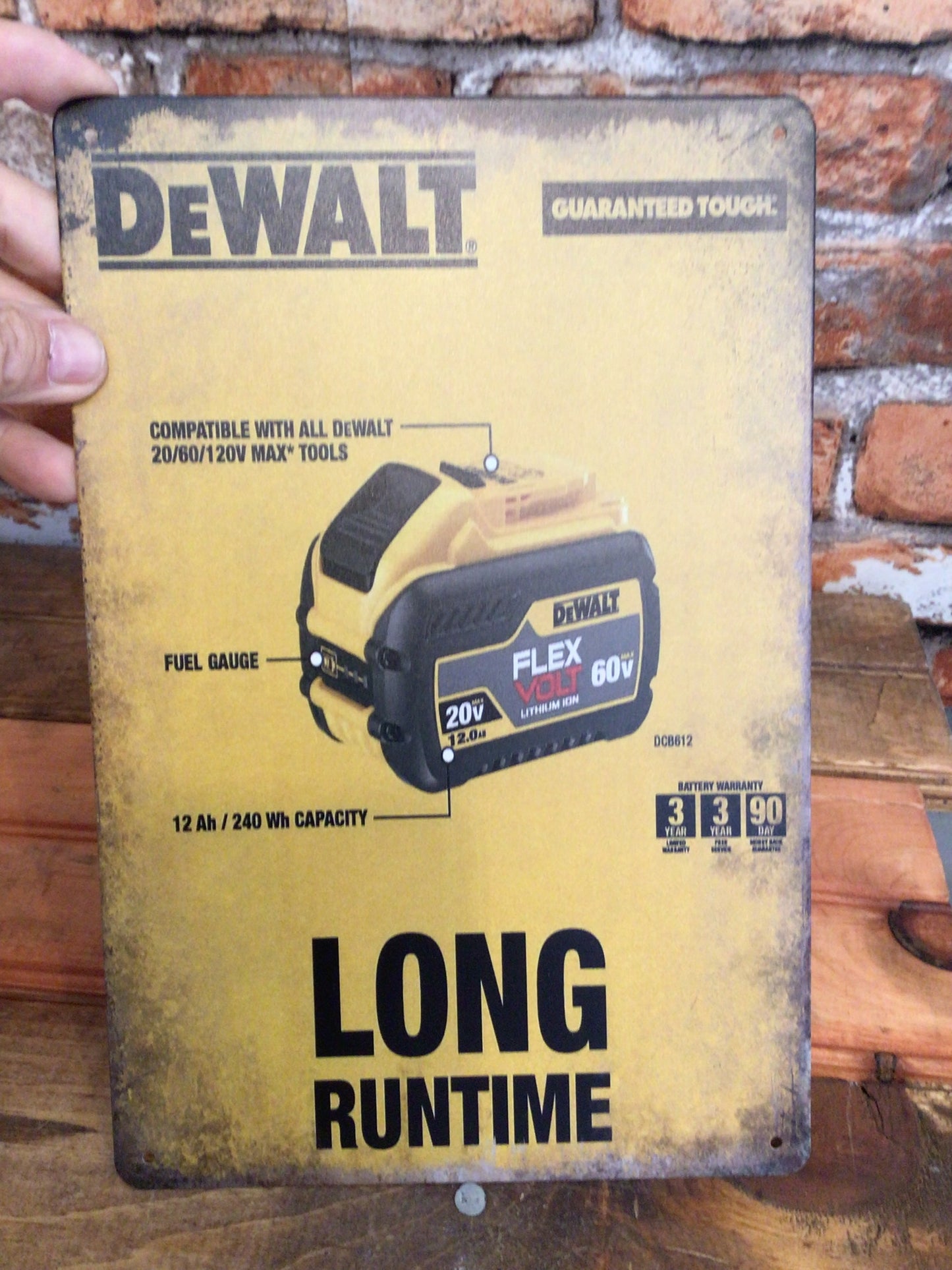 8"x12" DeWalt Tools Battery "Long Runtime" Advertising Sign Makes a Great Gift
