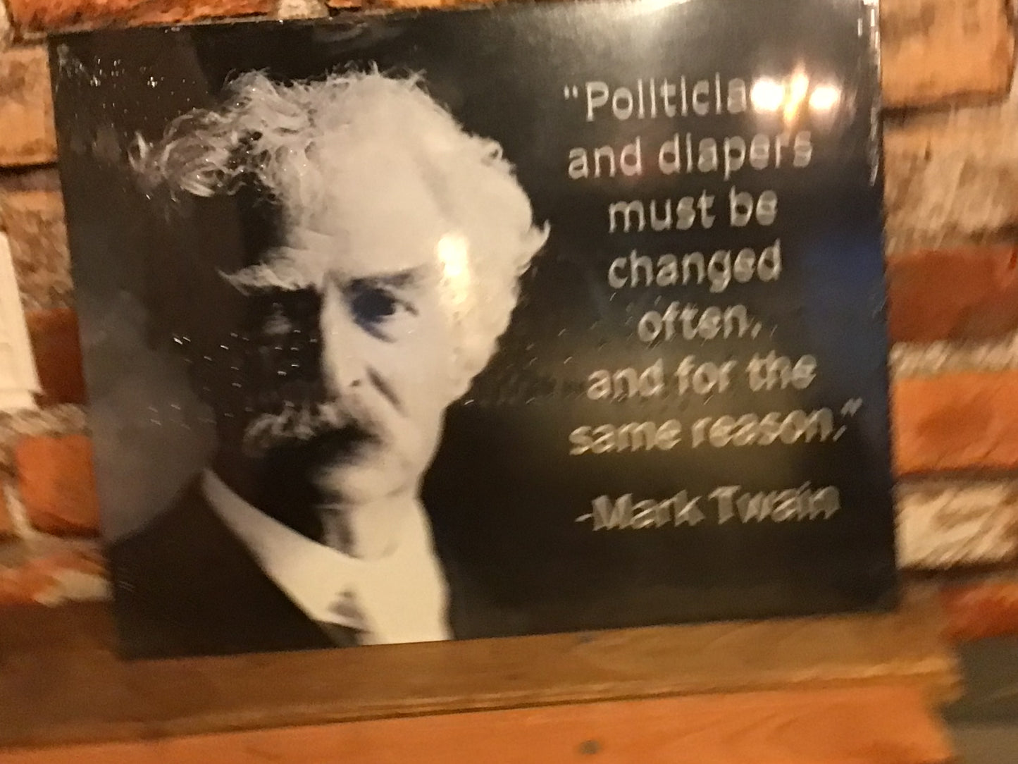 Large 16"x13" Patina Style Mark Twain Quote "Politicians and Diapers must be Changed "..
