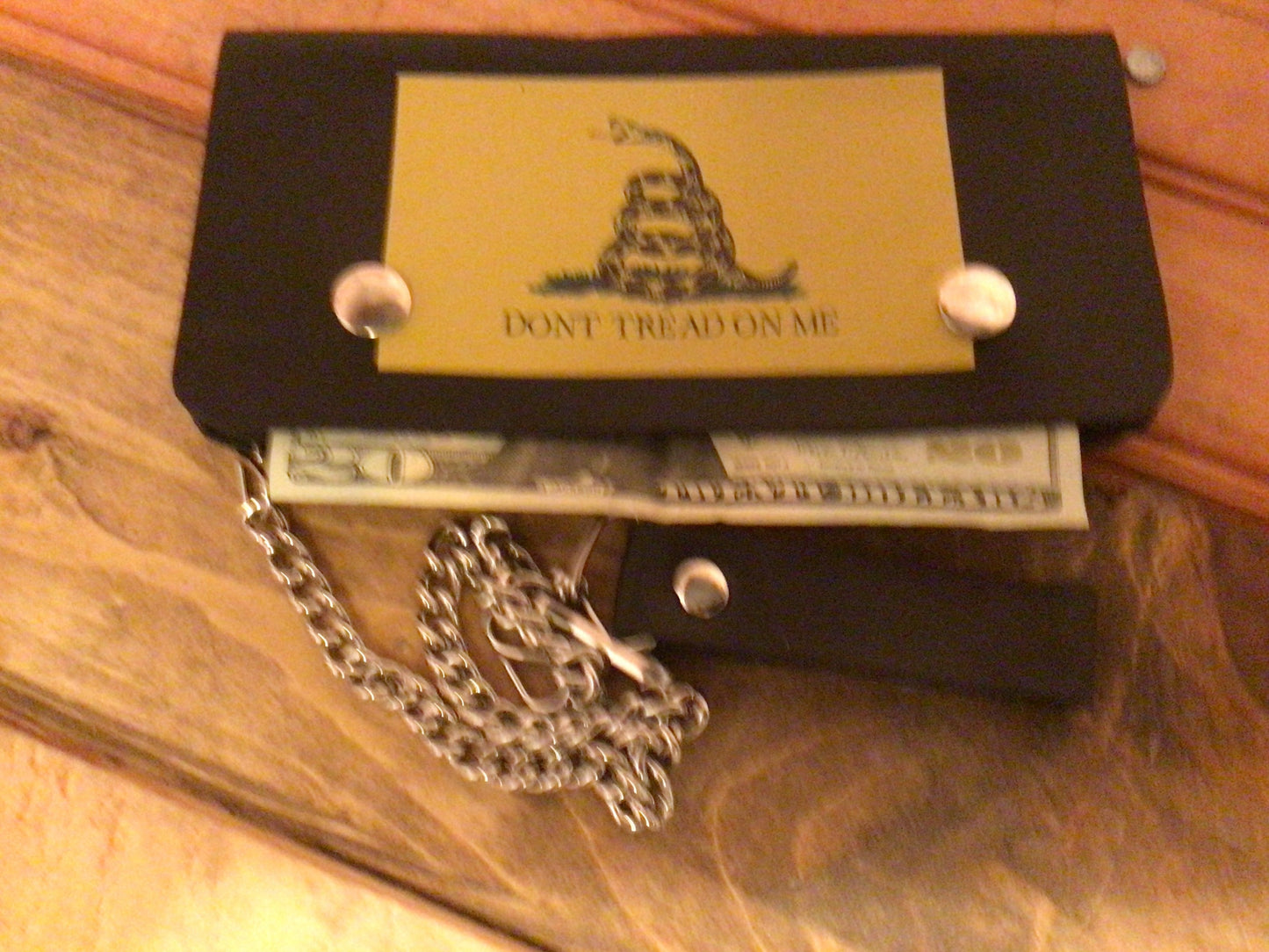 Genuine Leather Full Size Gadsden Flag Biker Wallet w/16" Chain
