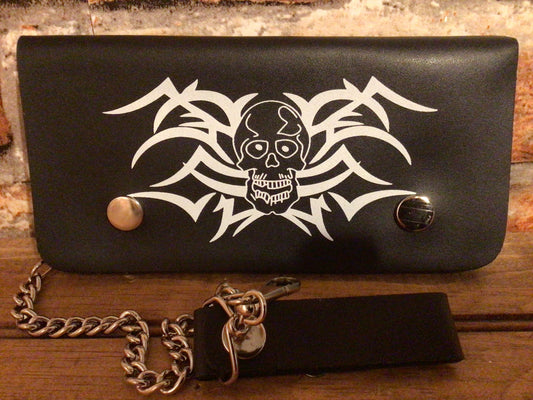 Genuine Leather "Full Size" Biker Skull Wallet w/16" Chain and Belt Strap Gift!
