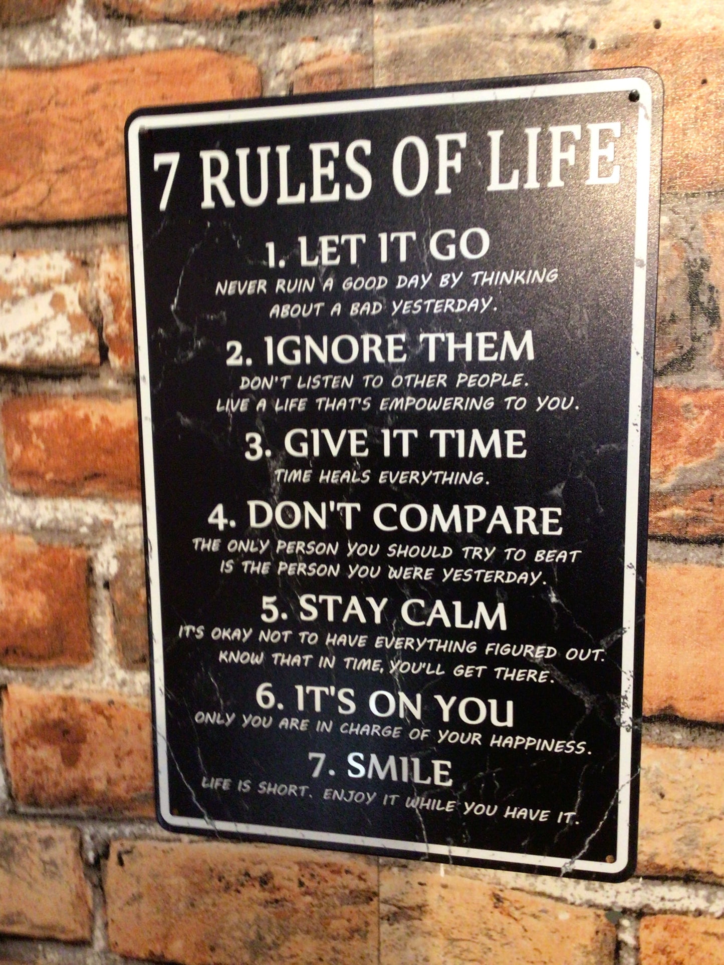 8"x12" Vintage Rustic Inspirational "7 Rules of Life" Sign.