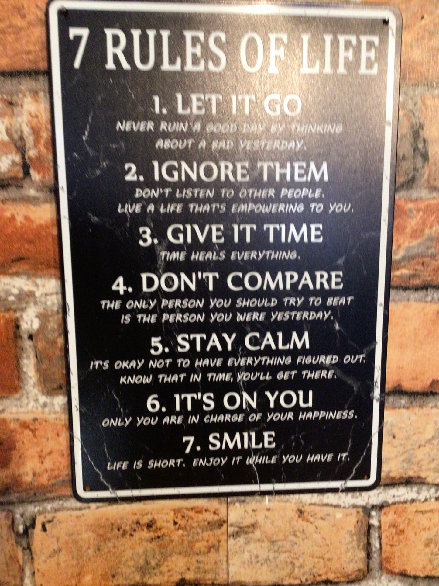 8"x12" Vintage Rustic Inspirational "7 Rules of Life" Sign.