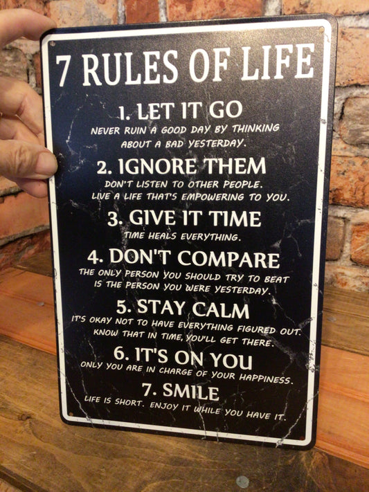 8"x12" Vintage Rustic Inspirational "7 Rules of Life" Sign.