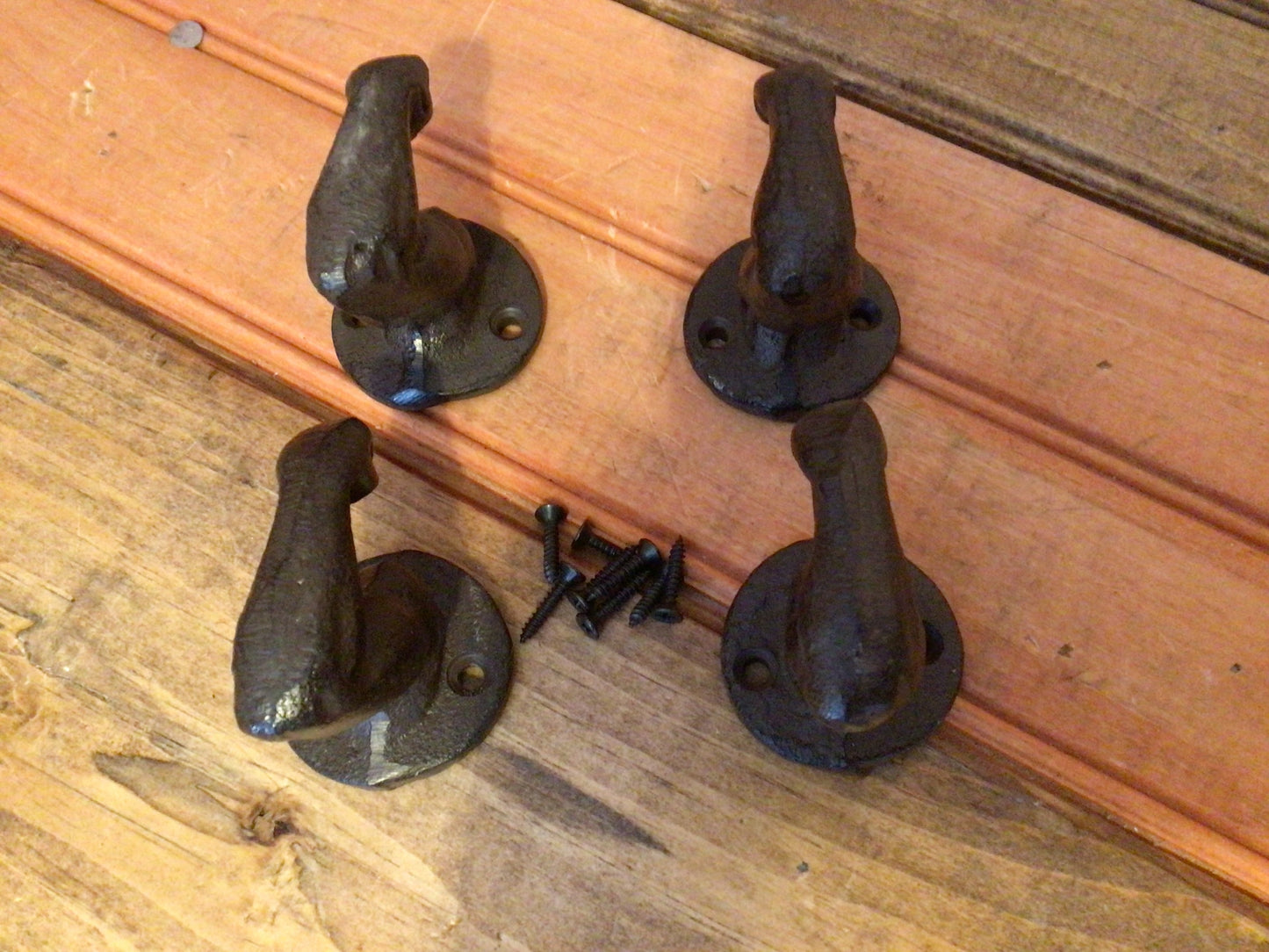 Set of 4 Brown Vintage Style Cast Iron "Muscle Man" Hooks w/ Screws Great Home