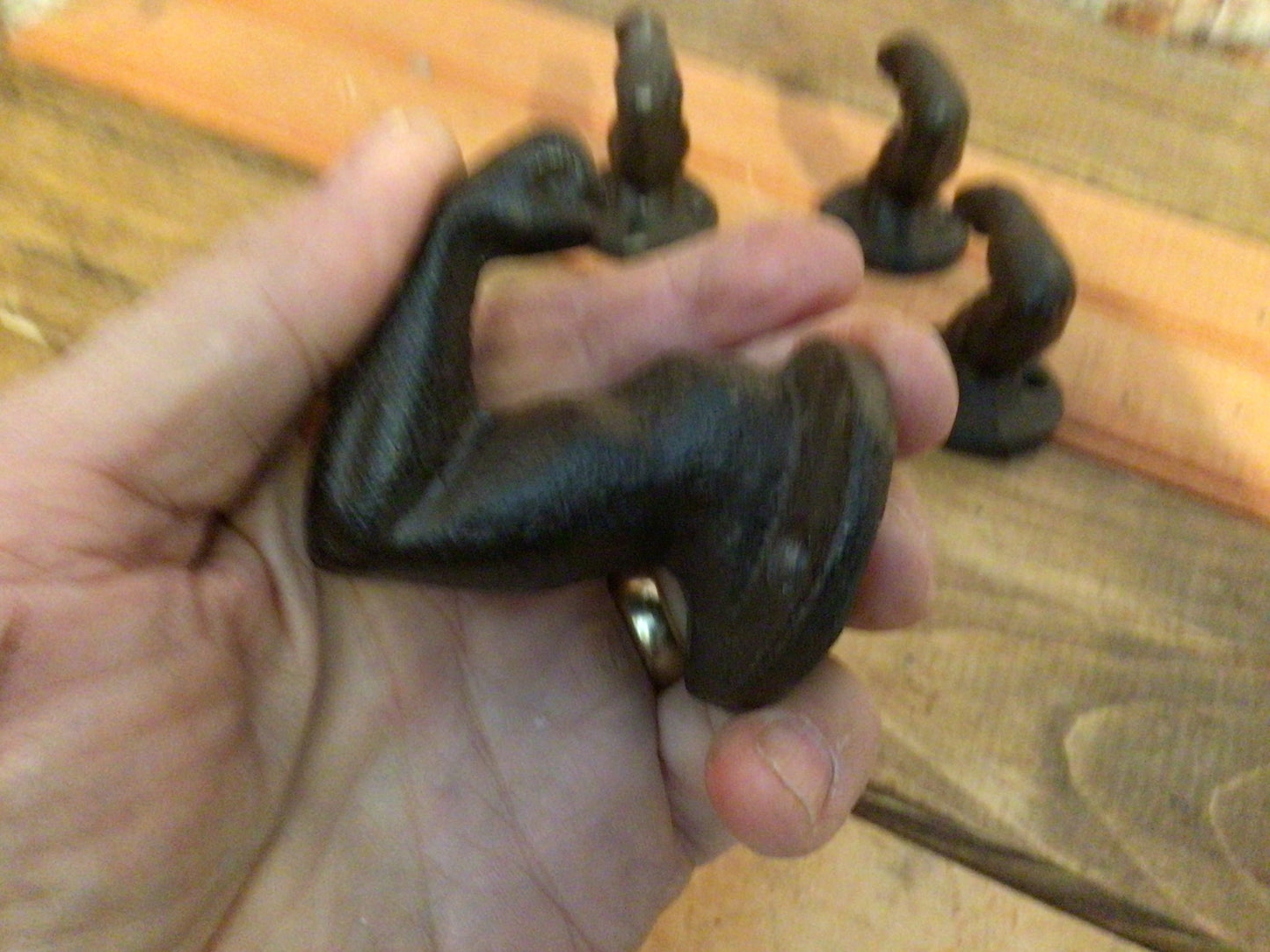 Set of 4 Brown Vintage Style Cast Iron "Muscle Man" Hooks w/ Screws Great Home