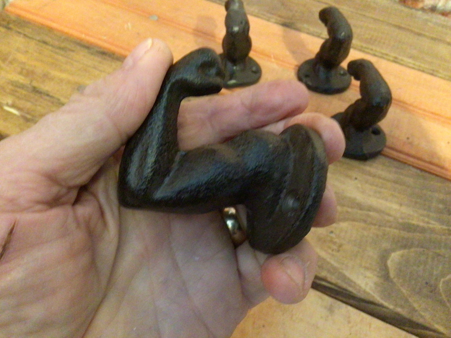 Set of 4 Brown Vintage Style Cast Iron "Muscle Man" Hooks w/ Screws Great Home