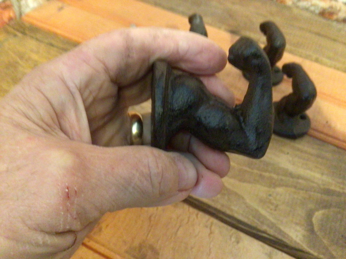 Set of 4 Brown Vintage Style Cast Iron "Muscle Man" Hooks w/ Screws Great Home