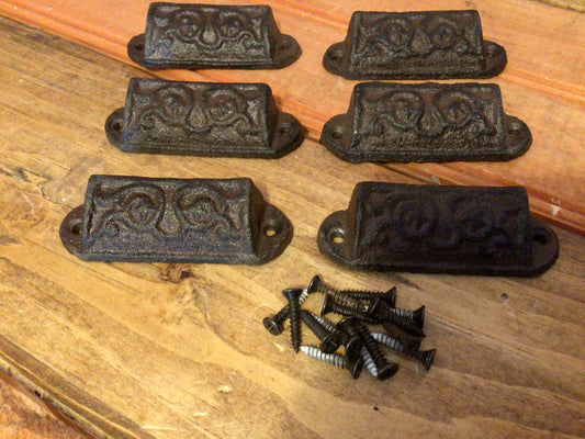Set of 6 Vintage Style Cast Iron Ornate 3" Bin Pulls w/Screws. Great Home Decor