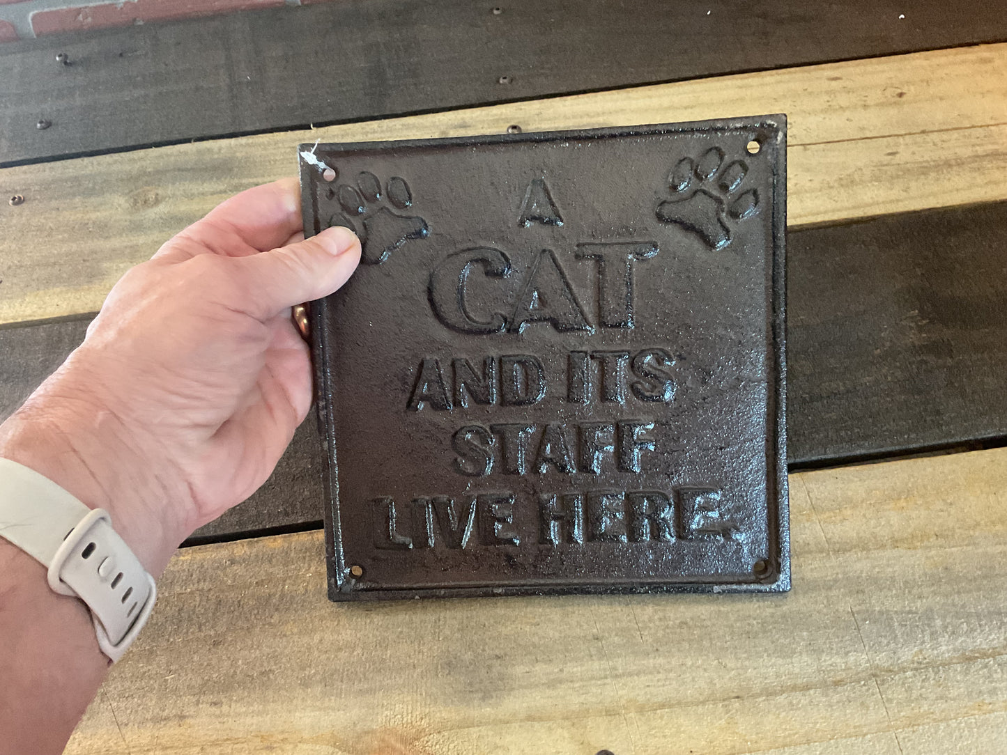 8"Rustic Style Funny Cast Iron " A Cat and It's Staff" Sign. Great Home Decor!