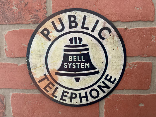 8" Round Vintage Patina Style Tin Reproduction Public Telephone Sign