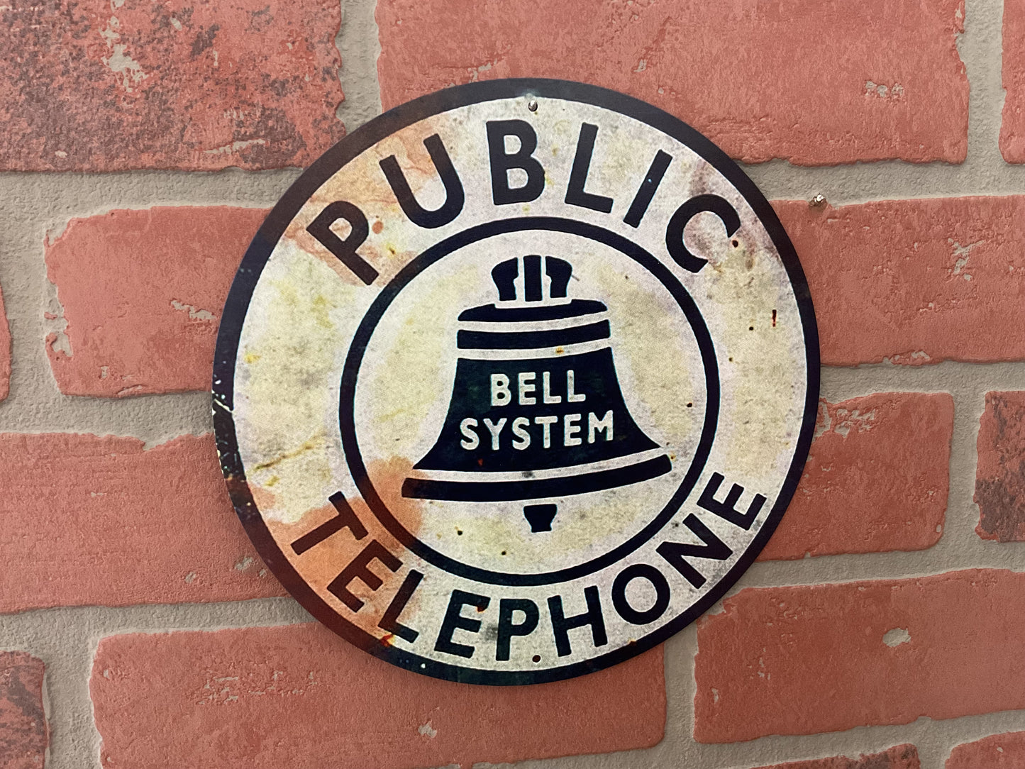 8" Round Vintage Patina Style Tin Reproduction Public Telephone Sign