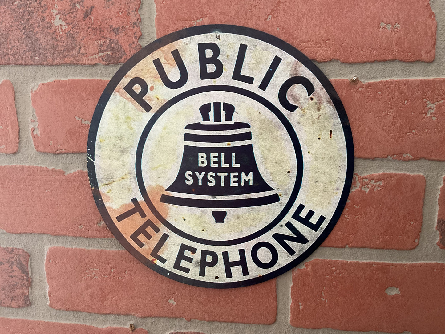 8" Round Vintage Patina Style Tin Reproduction Public Telephone Sign