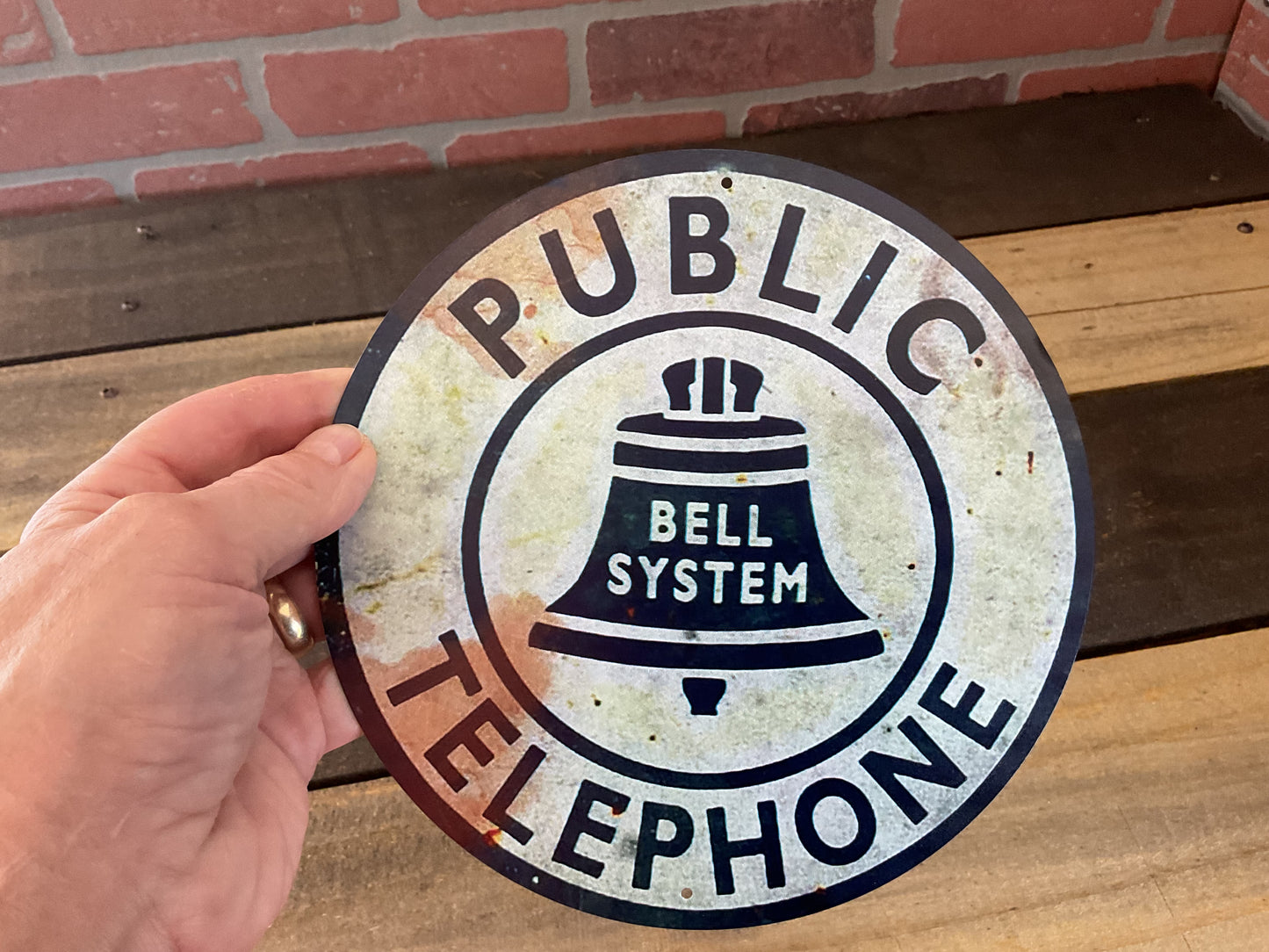 8" Round Vintage Patina Style Tin Reproduction Public Telephone Sign