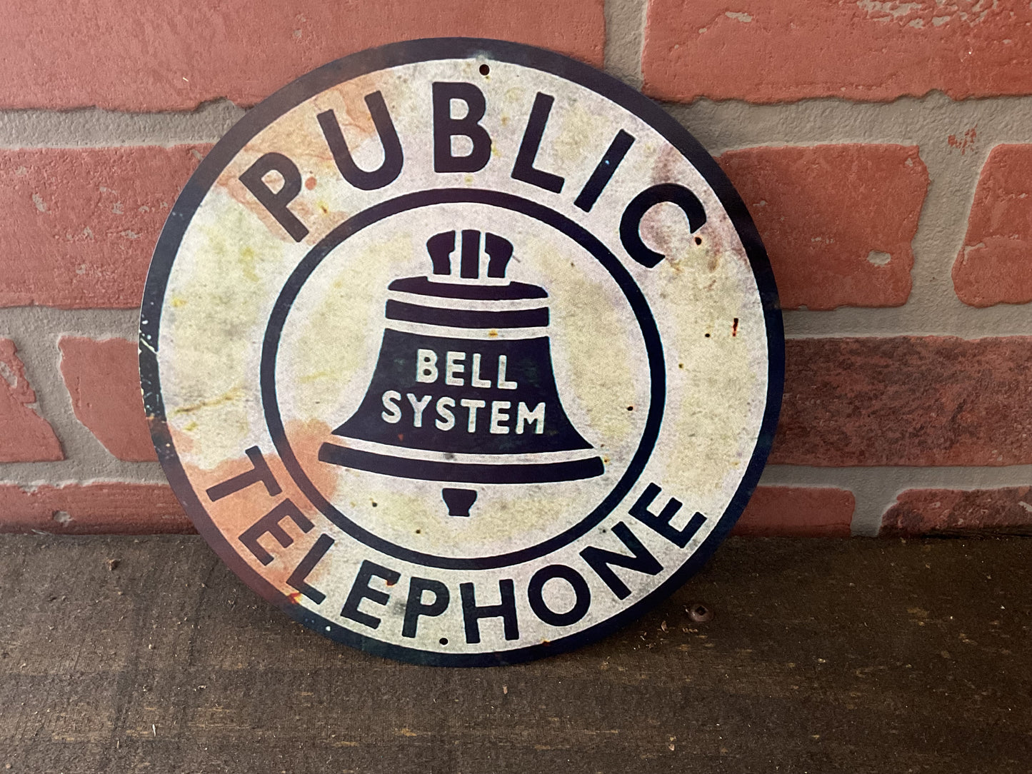 8" Round Vintage Patina Style Tin Reproduction Public Telephone Sign
