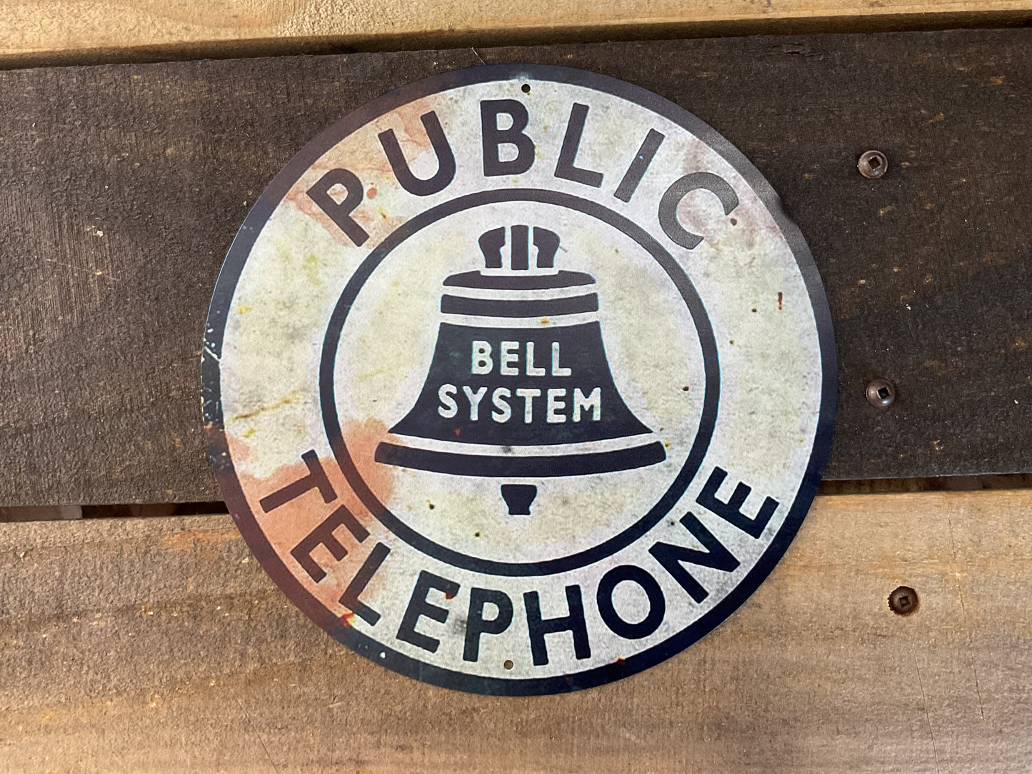 8" Round Vintage Patina Style Tin Reproduction Public Telephone Sign