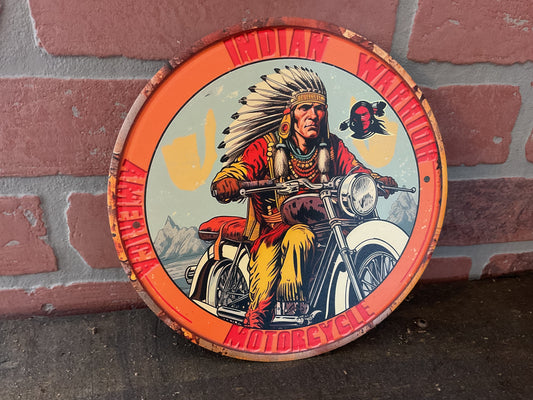 8" Round Rustic Patina Style Indian Motorcycle Advertising Sign. Makes a Great