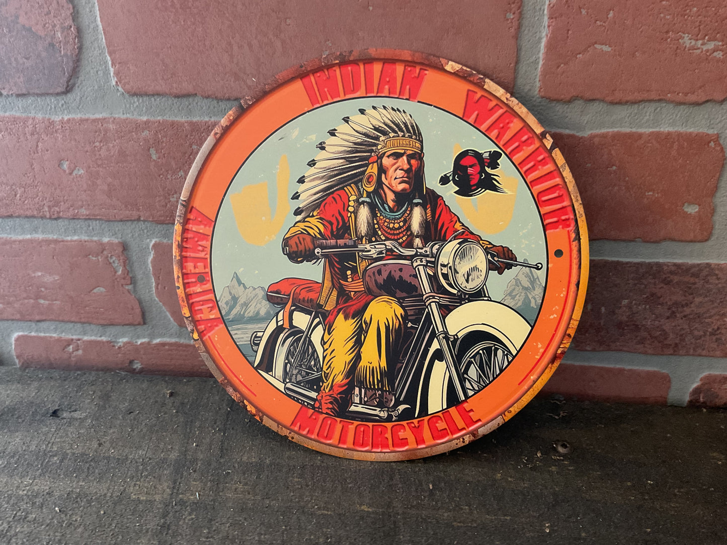 8" Round Rustic Patina Style Indian Motorcycle Advertising Sign. Makes a Great