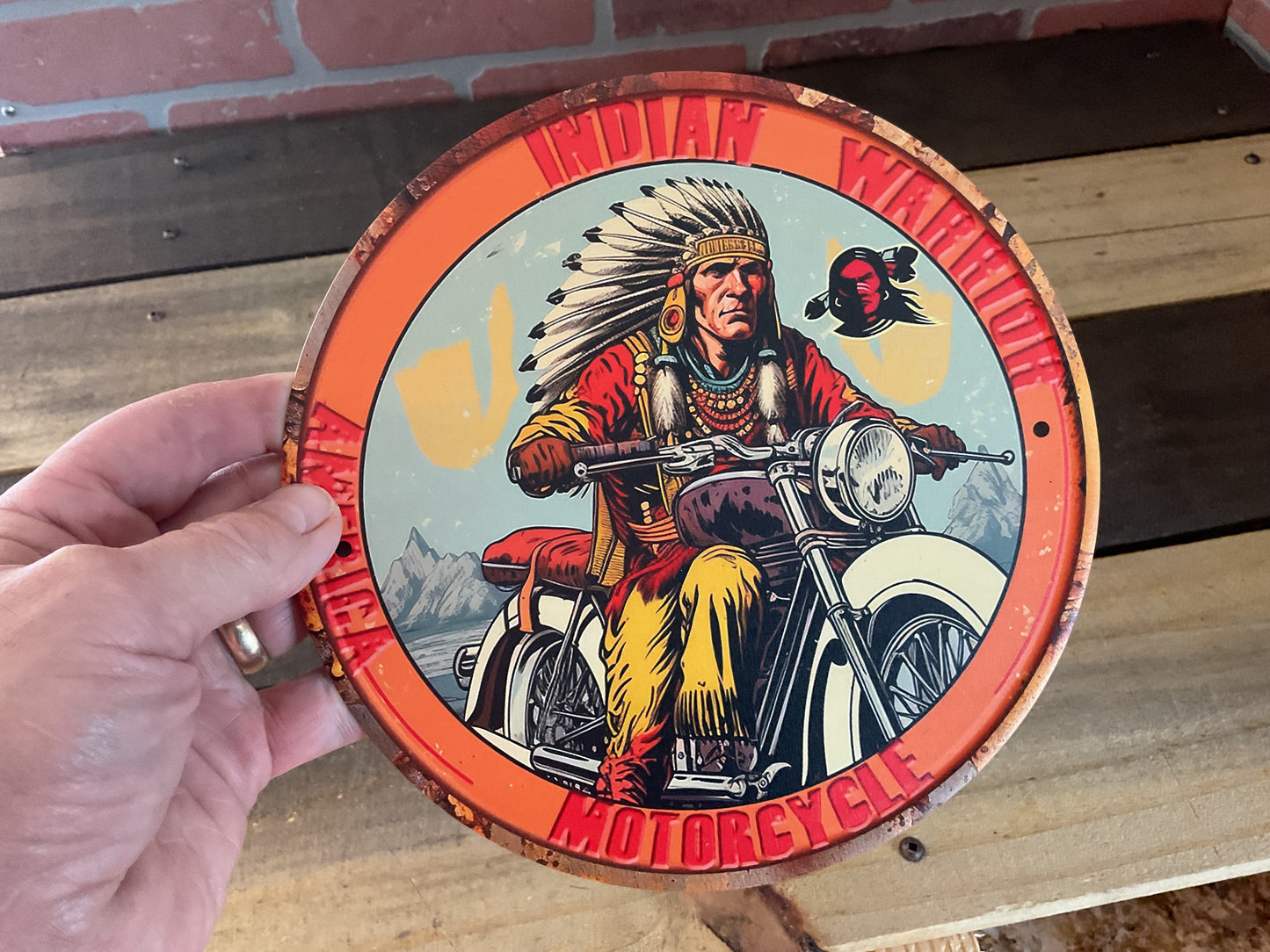 8" Round Rustic Patina Style Indian Motorcycle Advertising Sign. Makes a Great