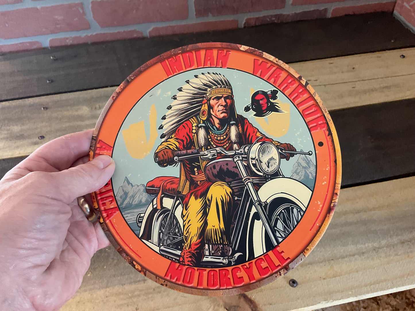 8" Round Rustic Patina Style Indian Motorcycle Advertising Sign. Makes a Great