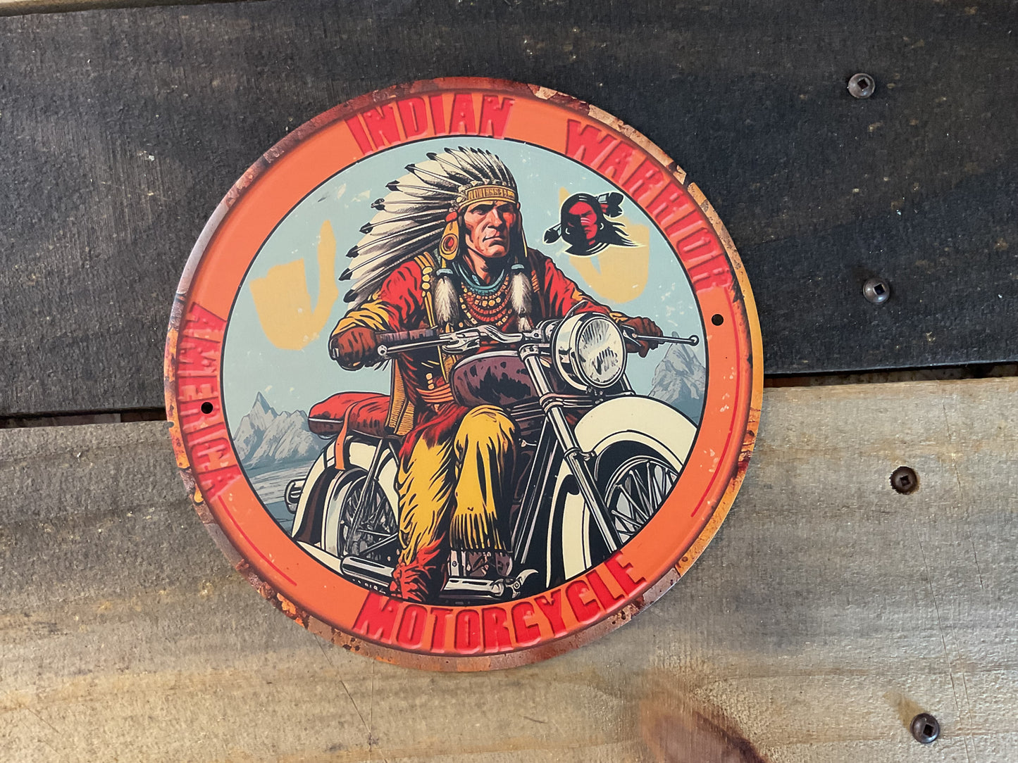 8" Round Rustic Patina Style Indian Motorcycle Advertising Sign. Makes a Great