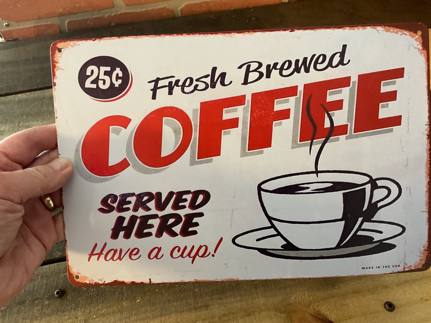12"x8" Vintage Patina Style "Fresh Brewed" Coffee sign. Makes a Great Gift!