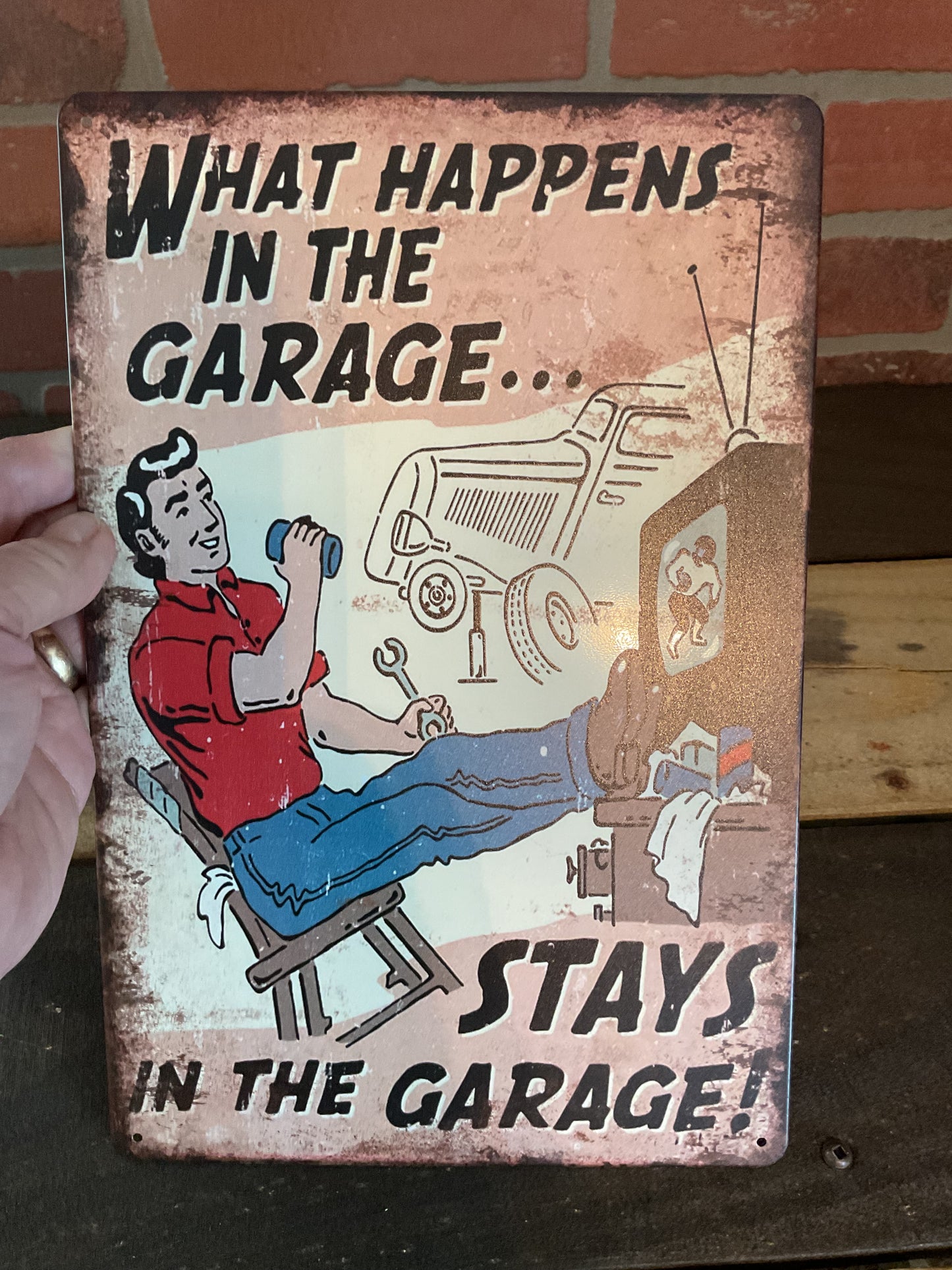 Funny Rustic 8"x12" Vintage Style "What Happens in the Garage Stays in the Garage. " Tin Sign