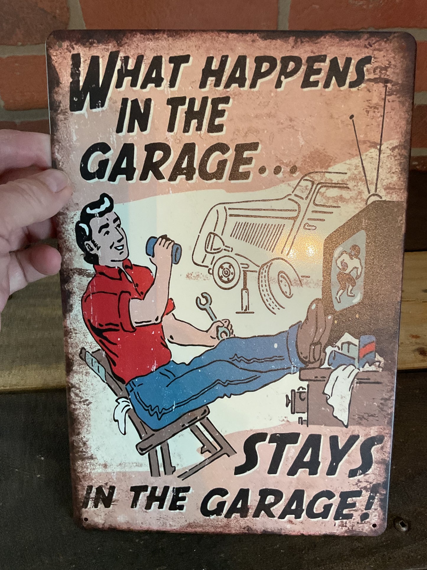Funny Rustic 8"x12" Vintage Style "What Happens in the Garage Stays in the Garage. " Tin Sign