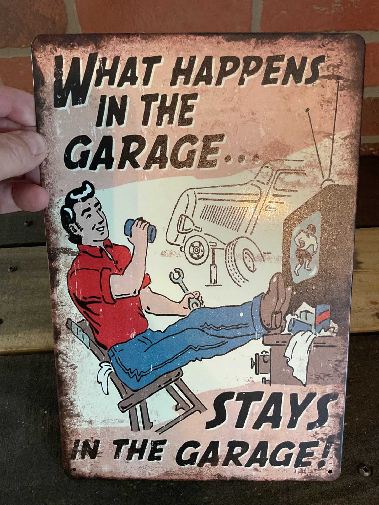 Funny Rustic 8"x12" Vintage Style "What Happens in the Garage Stays in the Garage. " Tin Sign