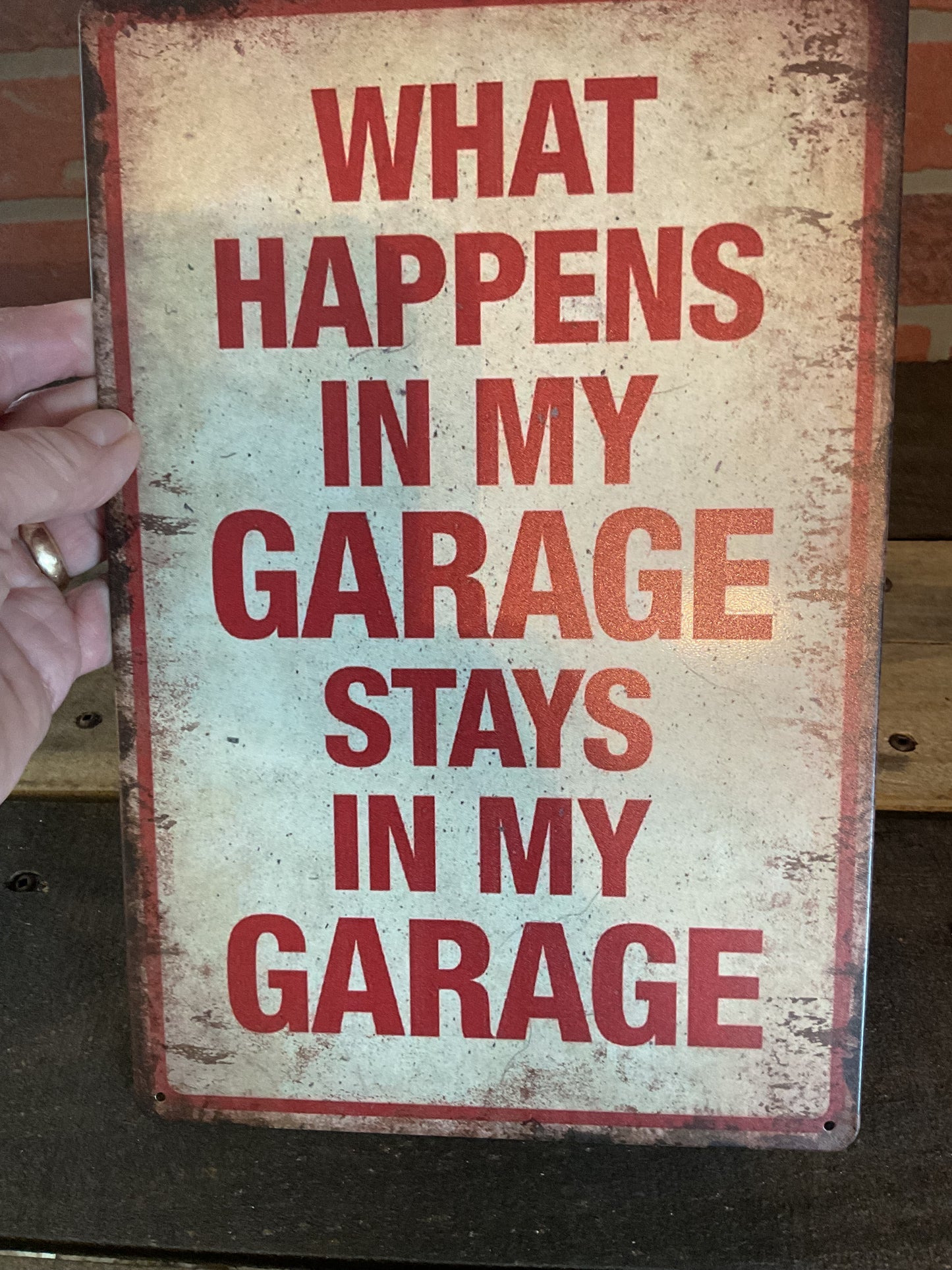 8"x12" Vintage Patina Style Funny  "What happens in My Garage. Stays in My Garage" Sign