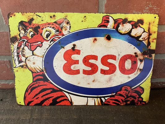 12"x8" Vintage Patina Style "Esso" Gasoline Advertising Sign