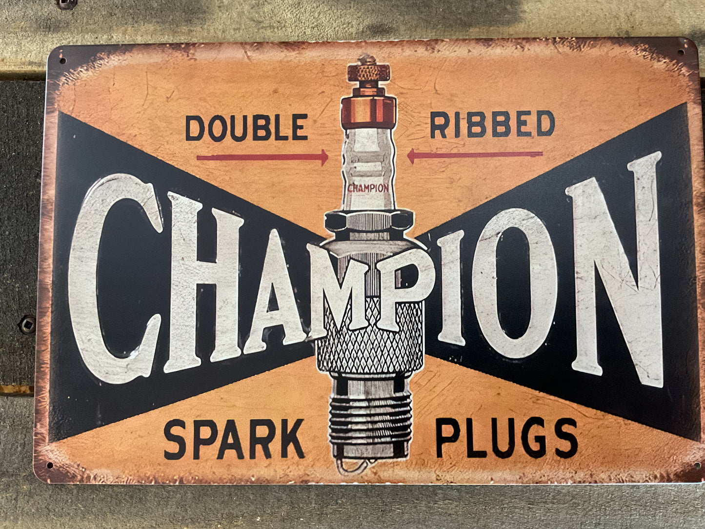 Vintage Patina Style 8"x12" Double Ribbed Champion Spark Plugs Sign A GREAT GIFT