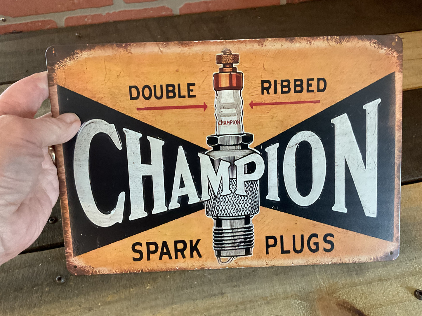 Vintage Patina Style 8"x12" Double Ribbed Champion Spark Plugs Sign A GREAT GIFT