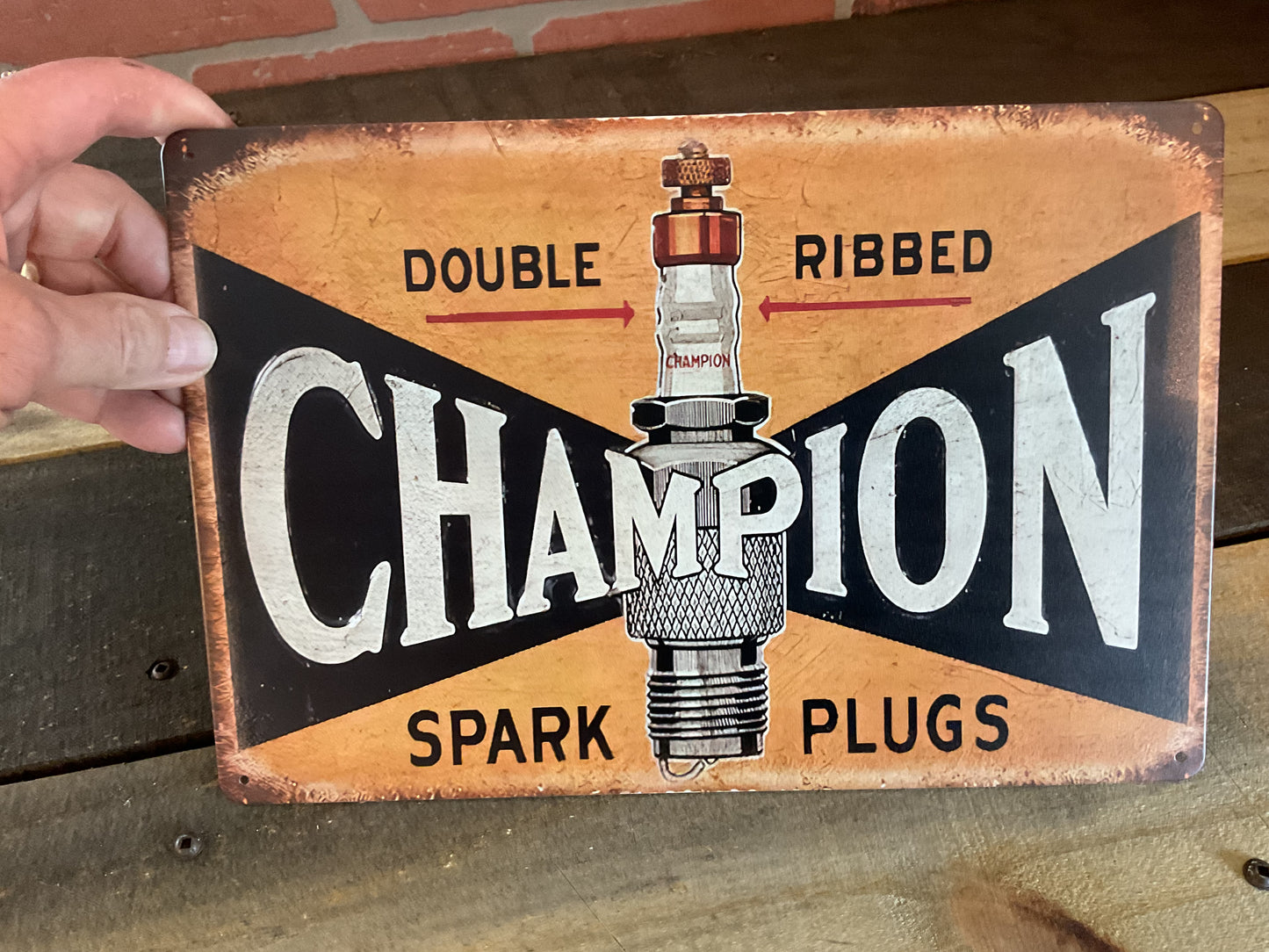 Vintage Patina Style 8"x12" Double Ribbed Champion Spark Plugs Sign A GREAT GIFT