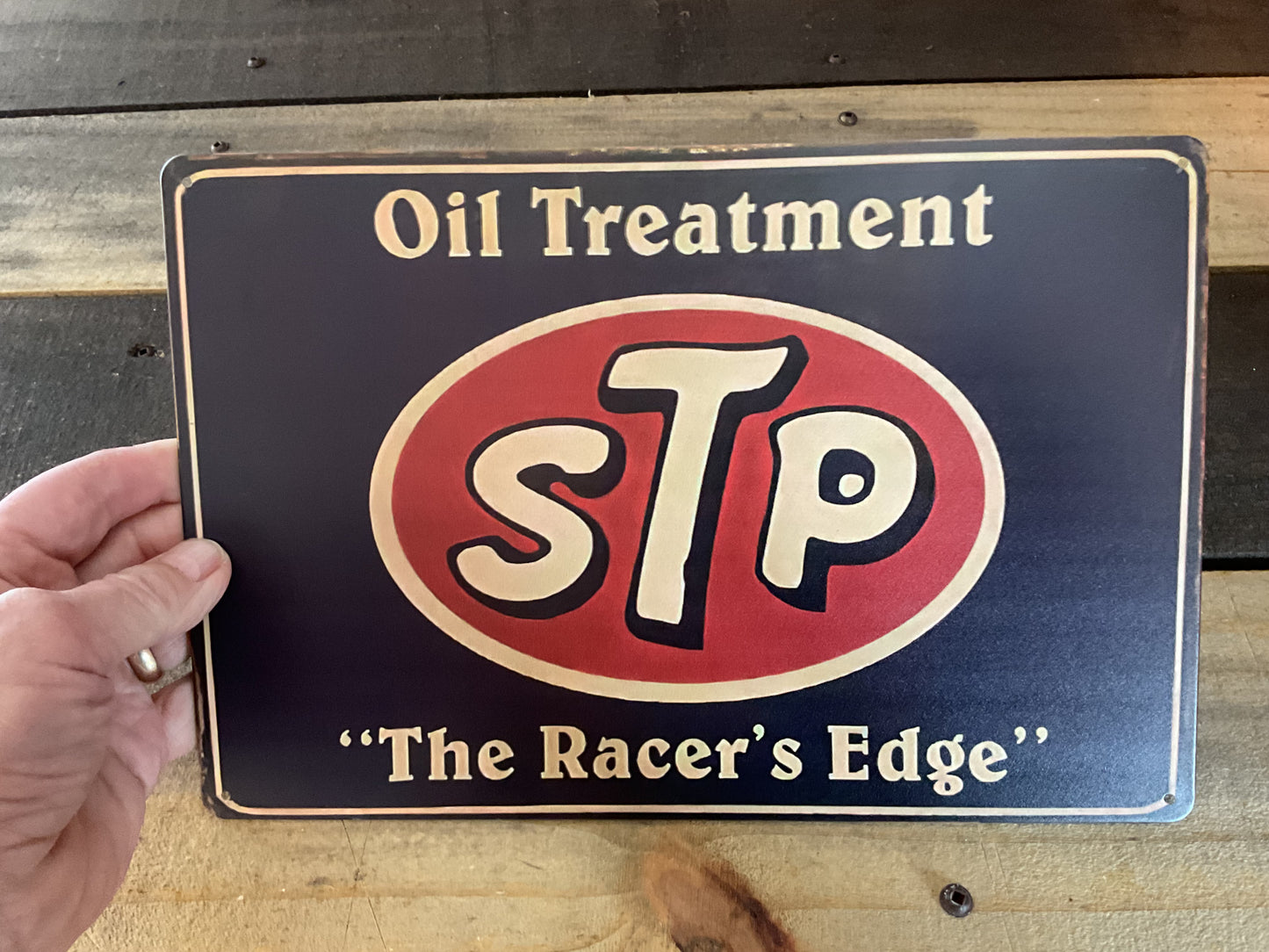 12"x8" Vintage Patina Style Metal "STP The Racer's Edge" Sign. Collectors/ Gifts