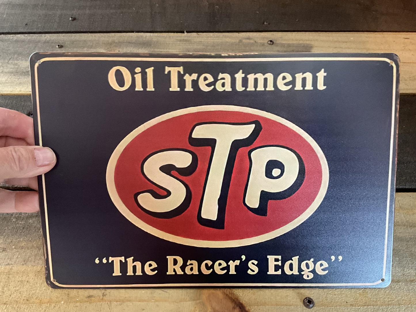 12"x8" Vintage Patina Style Metal "STP The Racer's Edge" Sign. Collectors/ Gifts