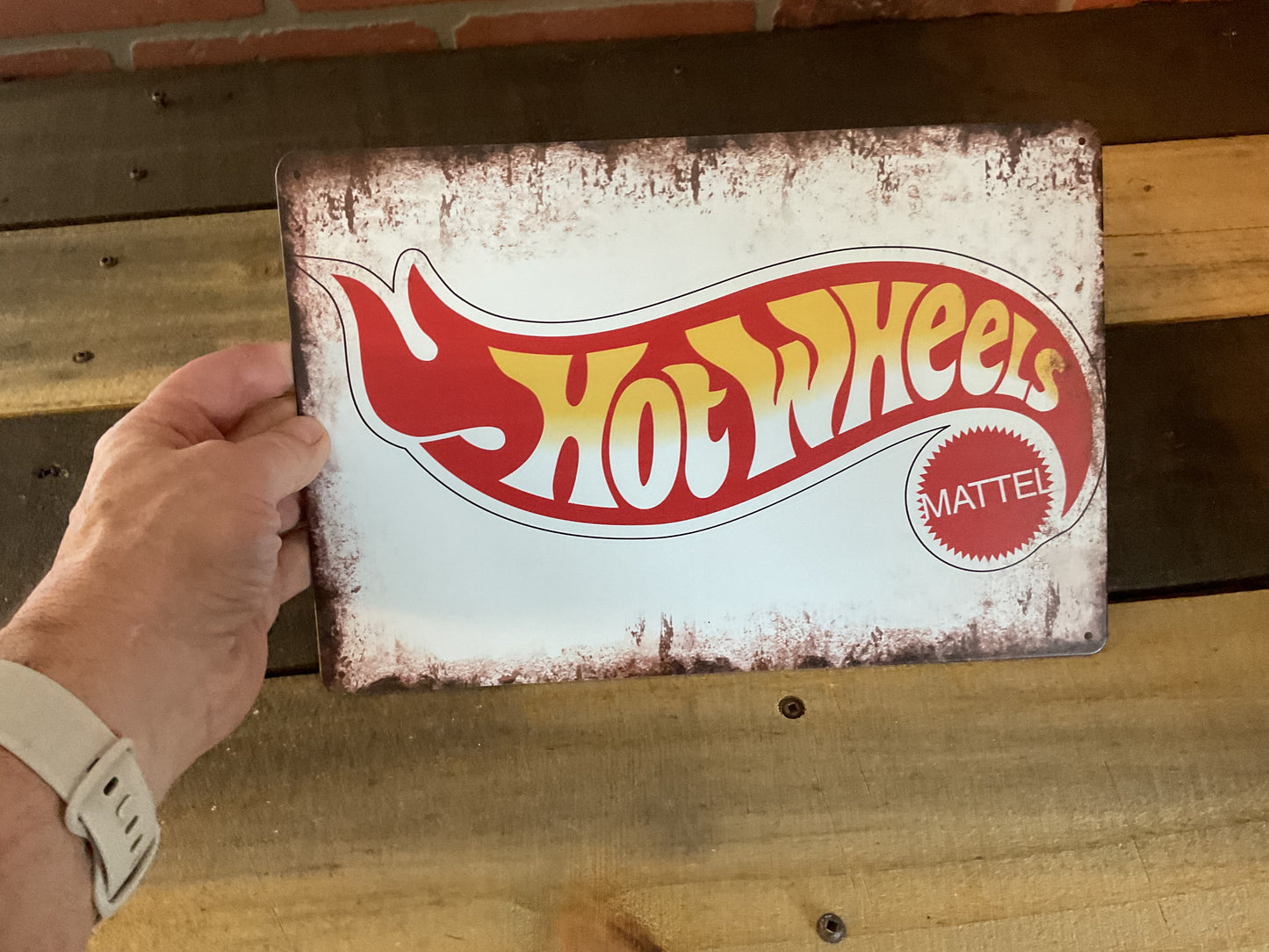 12"X8" Vintage Patina Style "Hot Wheels" / Mattel Advertising Sign. A Great Gift
