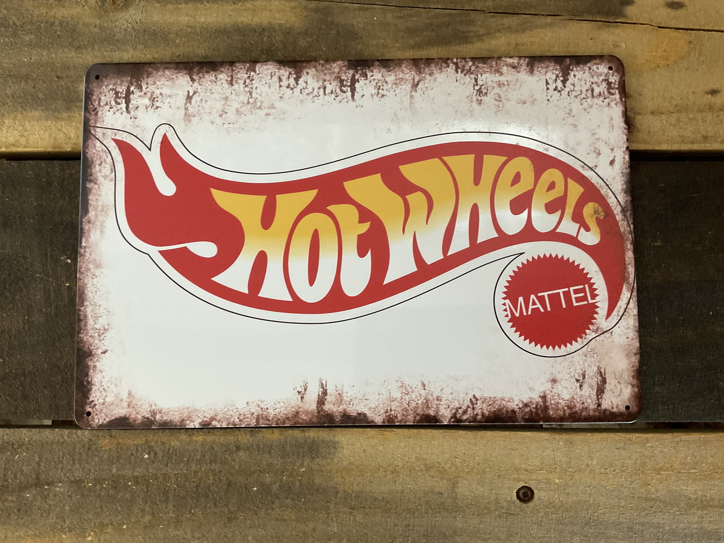 12"X8" Vintage Patina Style "Hot Wheels" / Mattel Advertising Sign. A Great Gift
